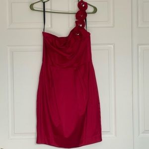 Bisou Bisou Red dress. Size 8. One shoulder w/jeweled flower center.